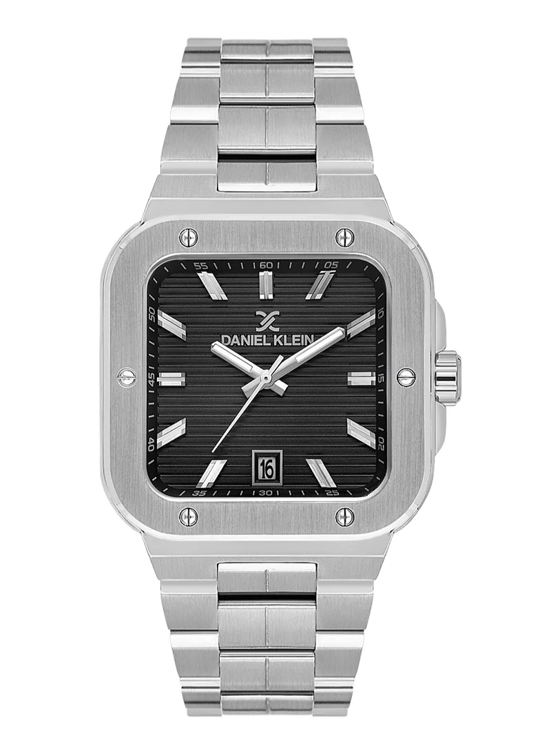 DANIEL KLEIN Men's Stainless Steel Silver Brass Case Analog Black Square Emboss Dial Japanese Quartz Premium 50 Meters Water Resistant